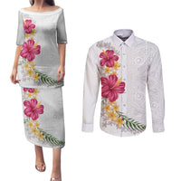 Hawaiian Plumeria and Hibiscus Couples Matching Puletasi and Long Sleeve Button Shirt White Mode LT03 White - Polynesian Pride