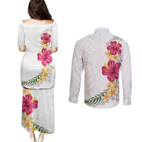 Hawaiian Plumeria and Hibiscus Couples Matching Puletasi and Long Sleeve Button Shirt White Mode LT03 - Polynesian Pride