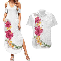 Hawaiian Plumeria and Hibiscus Couples Matching Summer Maxi Dress and Hawaiian Shirt White Mode LT03 White - Polynesian Pride