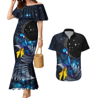 New Zealand Tui Bird Matariki Couples Matching Mermaid Dress and Hawaiian Shirt Galaxy Fern With Maori Pattern LT03 Blue - Polynesian Pride