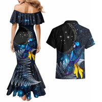 New Zealand Tui Bird Matariki Couples Matching Mermaid Dress and Hawaiian Shirt Galaxy Fern With Maori Pattern LT03 - Polynesian Pride
