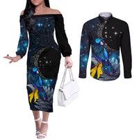 New Zealand Tui Bird Matariki Couples Matching Off The Shoulder Long Sleeve Dress and Long Sleeve Button Shirt Galaxy Fern With Maori Pattern LT03 Blue - Polynesian Pride