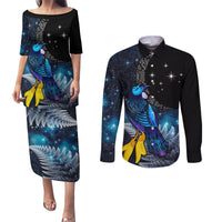 New Zealand Tui Bird Matariki Couples Matching Puletasi and Long Sleeve Button Shirt Galaxy Fern With Maori Pattern LT03 Blue - Polynesian Pride