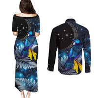 New Zealand Tui Bird Matariki Couples Matching Puletasi and Long Sleeve Button Shirt Galaxy Fern With Maori Pattern LT03 - Polynesian Pride