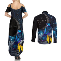 New Zealand Tui Bird Matariki Couples Matching Summer Maxi Dress and Long Sleeve Button Shirt Galaxy Fern With Maori Pattern LT03 - Polynesian Pride