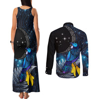 New Zealand Tui Bird Matariki Couples Matching Tank Maxi Dress and Long Sleeve Button Shirt Galaxy Fern With Maori Pattern LT03 - Polynesian Pride