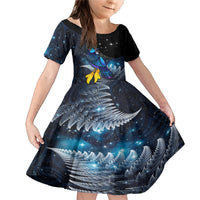 New Zealand Tui Bird Matariki Family Matching Mermaid Dress and Hawaiian Shirt Galaxy Fern With Maori Pattern LT03 Daughter's Dress Blue - Polynesian Pride