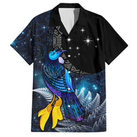 New Zealand Tui Bird Matariki Family Matching Off The Shoulder Long Sleeve Dress and Hawaiian Shirt Galaxy Fern With Maori Pattern LT03 Dad's Shirt - Short Sleeve Blue - Polynesian Pride