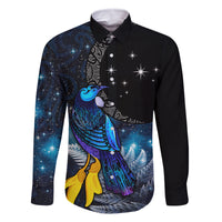 New Zealand Tui Bird Matariki Family Matching Off The Shoulder Long Sleeve Dress and Hawaiian Shirt Galaxy Fern With Maori Pattern LT03 Dad's Shirt - Long Sleeve Blue - Polynesian Pride