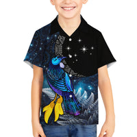 New Zealand Tui Bird Matariki Family Matching Off The Shoulder Long Sleeve Dress and Hawaiian Shirt Galaxy Fern With Maori Pattern LT03 Son's Shirt Blue - Polynesian Pride