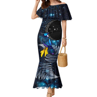 New Zealand Tui Bird Matariki Mermaid Dress Galaxy Fern With Maori Pattern LT03 Women Blue - Polynesian Pride