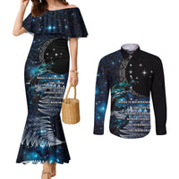 New Zealand Tui Bird Couples Matching Mermaid Dress and Long Sleeve Button Shirt Matariki Poetry Pattern Galaxy Style LT03 Blue - Polynesian Pride