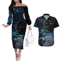 New Zealand Tui Bird Couples Matching Off The Shoulder Long Sleeve Dress and Hawaiian Shirt Matariki Poetry Pattern Galaxy Style LT03 Blue - Polynesian Pride