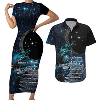 New Zealand Tui Bird Couples Matching Short Sleeve Bodycon Dress and Hawaiian Shirt Matariki Poetry Pattern Galaxy Style LT03 Blue - Polynesian Pride