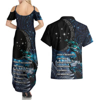 New Zealand Tui Bird Couples Matching Summer Maxi Dress and Hawaiian Shirt Matariki Poetry Pattern Galaxy Style LT03 - Polynesian Pride