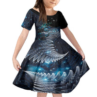 New Zealand Tui Bird Family Matching Off The Shoulder Long Sleeve Dress and Hawaiian Shirt Matariki Poetry Pattern Galaxy Style LT03 Daughter's Dress Blue - Polynesian Pride