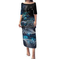 New Zealand Tui Bird Puletasi Matariki Poetry Pattern Galaxy Style LT03 Long Dress Blue - Polynesian Pride