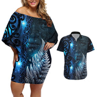 New Zealand Matariki Couples Matching Off Shoulder Short Dress and Hawaiian Shirt The Tribal Maori Face and Silver Fern LT03 Blue - Polynesian Pride