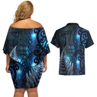 New Zealand Matariki Couples Matching Off Shoulder Short Dress and Hawaiian Shirt The Tribal Maori Face and Silver Fern LT03 - Polynesian Pride