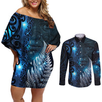 New Zealand Matariki Couples Matching Off Shoulder Short Dress and Long Sleeve Button Shirt The Tribal Maori Face and Silver Fern LT03 Blue - Polynesian Pride
