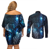 New Zealand Matariki Couples Matching Off Shoulder Short Dress and Long Sleeve Button Shirt The Tribal Maori Face and Silver Fern LT03 - Polynesian Pride