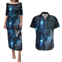 New Zealand Matariki Couples Matching Puletasi and Hawaiian Shirt The Tribal Maori Face and Silver Fern LT03 Blue - Polynesian Pride