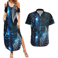 New Zealand Matariki Couples Matching Summer Maxi Dress and Hawaiian Shirt The Tribal Maori Face and Silver Fern LT03 Blue - Polynesian Pride