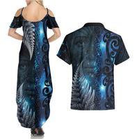 New Zealand Matariki Couples Matching Summer Maxi Dress and Hawaiian Shirt The Tribal Maori Face and Silver Fern LT03 - Polynesian Pride