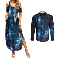 New Zealand Matariki Couples Matching Summer Maxi Dress and Long Sleeve Button Shirt The Tribal Maori Face and Silver Fern LT03 Blue - Polynesian Pride