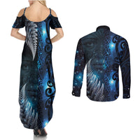 New Zealand Matariki Couples Matching Summer Maxi Dress and Long Sleeve Button Shirt The Tribal Maori Face and Silver Fern LT03 - Polynesian Pride