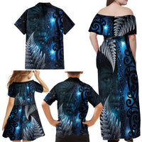 New Zealand Matariki Family Matching Off Shoulder Maxi Dress and Hawaiian Shirt The Tribal Maori Face and Silver Fern LT03 - Polynesian Pride
