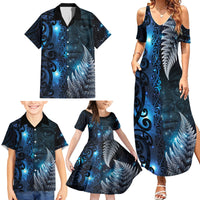New Zealand Matariki Family Matching Summer Maxi Dress and Hawaiian Shirt The Tribal Maori Face and Silver Fern LT03 - Polynesian Pride