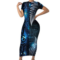 New Zealand Matariki Short Sleeve Bodycon Dress The Tribal Maori Face and Silver Fern LT03 Long Dress Blue - Polynesian Pride