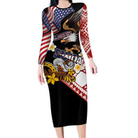United States and American Samoa Together Family Matching Long Sleeve Bodycon Dress and Hawaiian Shirt Bald Eagle and Polynesian Traditional Culture with Plumeria