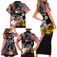 United States and American Samoa Together Family Matching Short Sleeve Bodycon Dress and Hawaiian Shirt Bald Eagle and Polynesian Traditional Culture with Plumeria