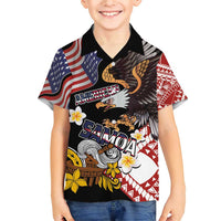 United States and American Samoa Together Family Matching Short Sleeve Bodycon Dress and Hawaiian Shirt Bald Eagle and Polynesian Traditional Culture with Plumeria