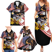 United States and American Samoa Together Family Matching Summer Maxi Dress and Hawaiian Shirt Bald Eagle and Polynesian Traditional Culture with Plumeria