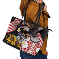 United States and American Samoa Together Leather Tote Bag Bald Eagle and Polynesian Traditional Culture with Plumeria