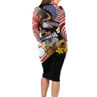 United States and American Samoa Together Long Sleeve Bodycon Dress Bald Eagle and Polynesian Traditional Culture with Plumeria