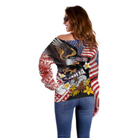United States and American Samoa Together Off Shoulder Sweater Bald Eagle and Polynesian Traditional Culture with Plumeria