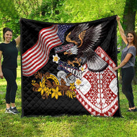 United States and American Samoa Together Quilt Bald Eagle and Polynesian Traditional Culture with Plumeria