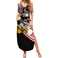 United States and American Samoa Together Summer Maxi Dress Bald Eagle and Polynesian Traditional Culture with Plumeria