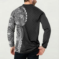 Hawaiian Traditional Tattoos Button Sweatshirt Kakau Tribal Tropical Plant Motif Black Color