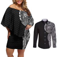 Hawaiian Traditional Tattoos Couples Matching Off Shoulder Short Dress and Long Sleeve Button Shirt Kakau Tribal Tropical Plant Motif Black Color LT03 Black - Polynesian Pride