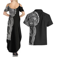 Hawaiian Traditional Tattoos Couples Matching Summer Maxi Dress and Hawaiian Shirt Kakau Tribal Tropical Plant Motif Black Color