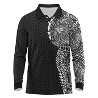 Hawaiian Traditional Tattoos Long Sleeve Polo Shirt Kakau Tribal Tropical Plant Motif Black Color LT03 Black - Polynesian Pride