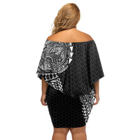 Hawaiian Traditional Tattoos Off Shoulder Short Dress Kakau Tribal Tropical Plant Motif Black Color LT03 - Polynesian Pride