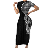 Hawaiian Traditional Tattoos Short Sleeve Bodycon Dress Kakau Tribal Tropical Plant Motif Black Color LT03 Long Dress Black - Polynesian Pride
