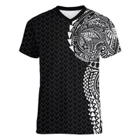 Hawaiian Traditional Tattoos Women V-Neck T-Shirt Kakau Tribal Tropical Plant Motif Black Color