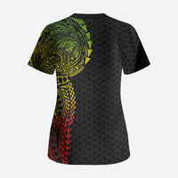Hawaiian Traditional Tattoos Scrub Top Kakau Tribal Tropical Plant Motif Kanaka Maoli Flag Color Inspired LT03 - Polynesian Pride